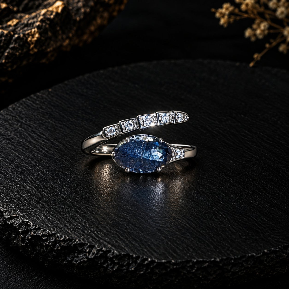 Ouroboros · 衔尾 — 2.5 ct meteoritic black diamond marquise center in a coiled silver pavé band with white moissanite, on black slate