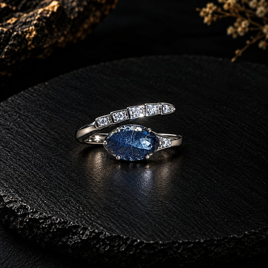 Ouroboros · 衔尾 — 2.5 ct meteoritic black diamond marquise center in a coiled silver pavé band with white moissanite, on black slate